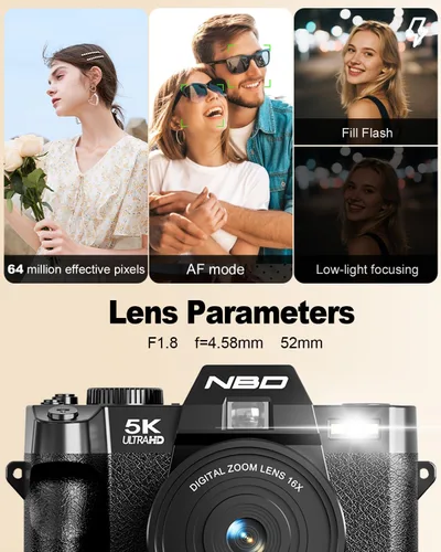 Vista 5 de NBD Cámaras digitales 5K 64MP para fotografía con WiFi de doble lente Negro