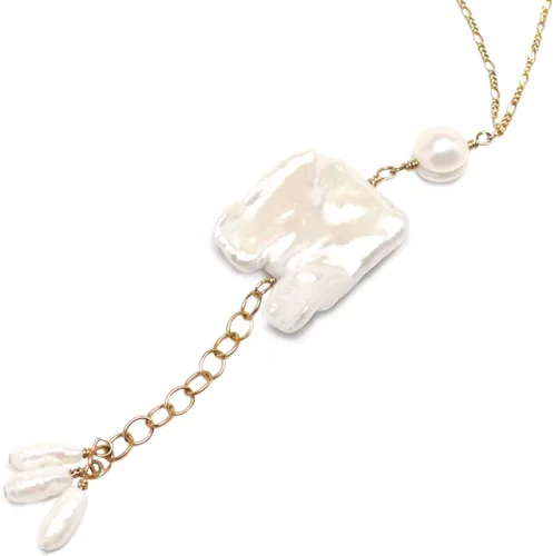 Vista 3 de Large White Notched Rectangle Cultured Freshwater Pearl Chain Necklace Gold-filled