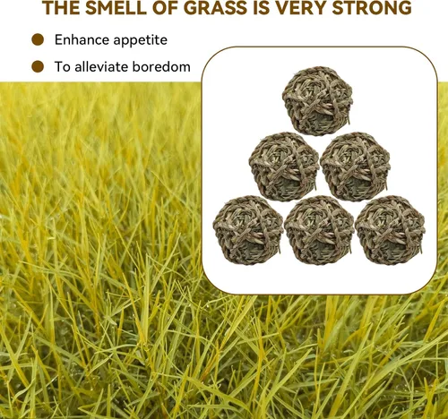 Vista 5 de Pelota de hierba de conejo Timothy 6 piezas, bola de hierba natural de conejito Timothy tejida a mano, juguetes para masticar, animales pequeños