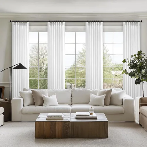 Vista 6 de Topfinel 2 paneles de cortinas plisadas de lino beige y blanco de 63 pulgadas de largo, para dormitorio y sala de estar, cortinas semitransparentes