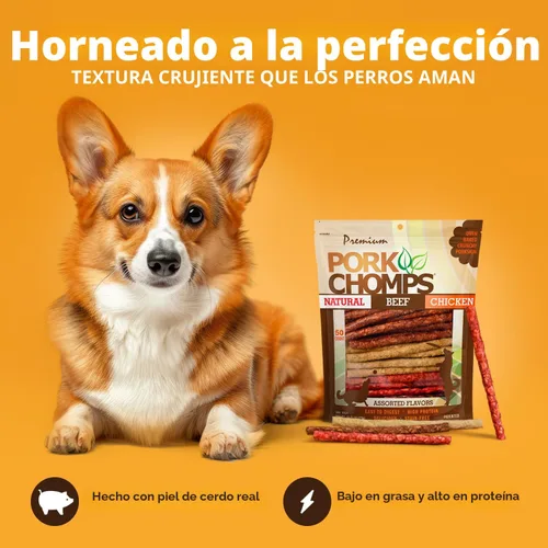 Vista 2 de Pork Chomps Masticables para perros, palitos de 5 pulgadas, sabores surtidos, 50