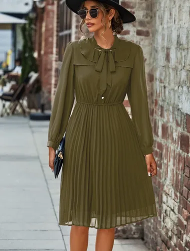Vista 3 de HAOKEKE Vestidos de trabajo para mujer 2023 de manga larga de gasa negro vestido retro plisado botones abajo corbata lazo suelto vestidos casuales