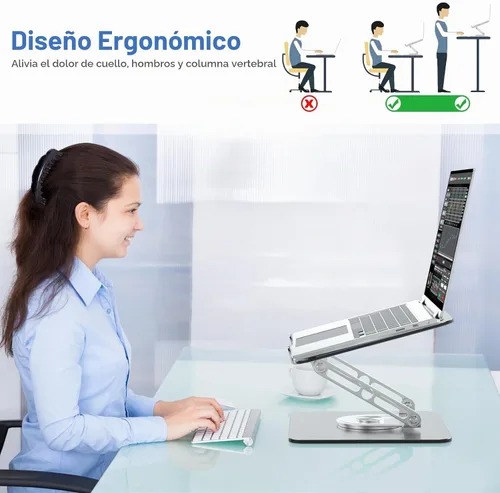 Vista 2 de Soporte para Laptop de Escritorio Ajustable Soporte para Computadora con Base Giratoria de 360° Soporte Elevador Ergonómico para Laptop