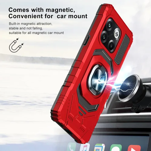 Vista 6 de Funda para OnePlus 10T 5G con protector de pantalla de vidrio templado, con soporte magnético para anillo de automóvil, funda resistente (rojo)