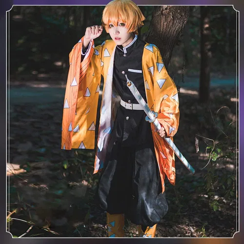 Vista 8 de Kicpot Zenitsu Cosplay-Demon Slayer - Disfraz de cosplay de 8 piezas de Agatsuma Zenitsu kimono de anime disfraz de Halloween para niños y adultos