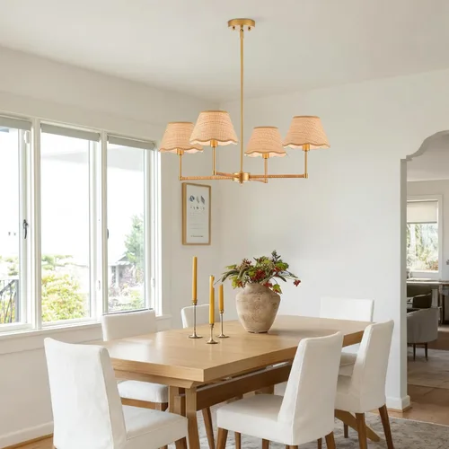 Vista 3 de Lámpara colgante de ratán bohemio de 31 pulgadas, 4 luces, rústica, ajustable, para cocina, isla, comedor, sala de estar, certificación UL Latón 4
