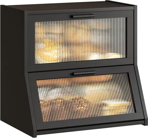 Vista 8 de GHWIE Panera de bambú de doble capa para encimera de cocina, contenedor de almacenamiento de pan de gran capacidad, recipiente para pan con panel