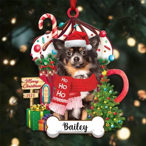 Vista 89 de Akita1 - Adorno personalizado para perro, adorno de perro con nombre personalizado, plano impreso en 2D, acrílico colgante, Papá Noel y perro