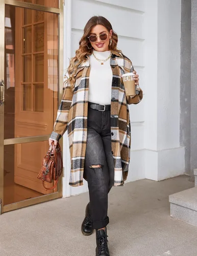 Vista 4 de IN'VOLAND Camisas de franela a cuadros de talla grande para mujer, manga larga, con solapa, estilo novio, con botones, chaqueta larga de tartán