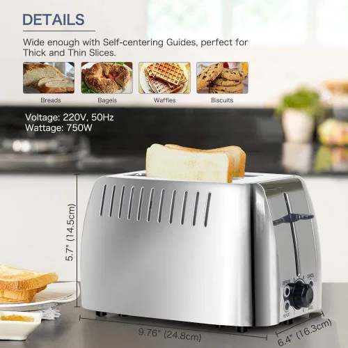 Vista 3 de Tostadoras de acero inoxidable de 2 rebanadas de ranura ancha para bagels 6 Browning Setting, Bagel/Reheat/Defrost/Cancel Function, Slim Toaster 2