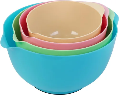 Vista 18 de BoxedHome Juego de cuencos de plástico anidables con boquilla de vertido, apto para microondas y lavavajillas, base antideslizante sin BPA, juego