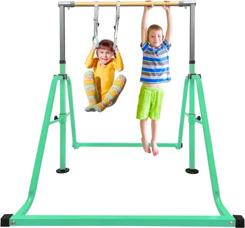 Vista 17 de GLANT Barra de gimnasia para niños con juego de anillos, 7 alturas ajustables, fácil de plegar, barra de entrenamiento de gimnasia para niños