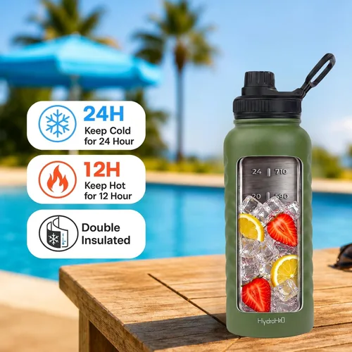 Vista 3 de Botella de agua aislada de acero inoxidable de 24 onzas con tapa de popote Verde