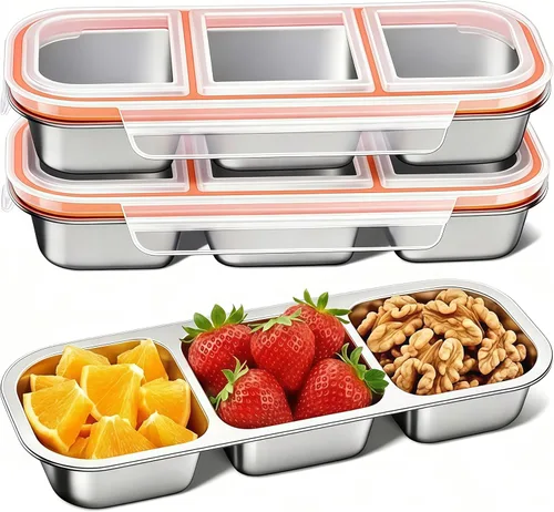 Vista 20 de 2 cajas Bento de acero inoxidable 304, 2 compartimentos, contenedores portátiles de almacenamiento de alimentos, cajas de aperitivos con tapas, caja