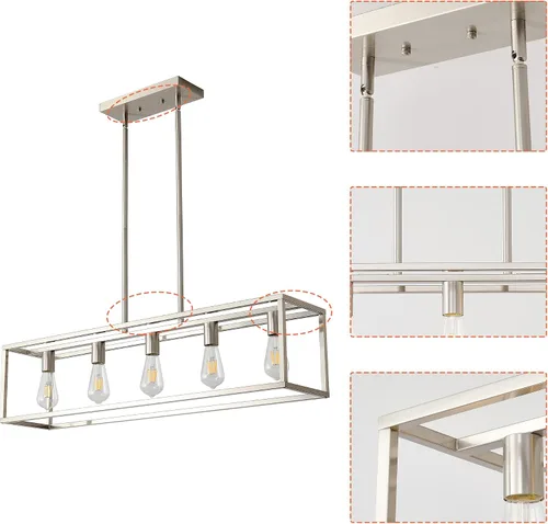 Vista 7 de 5 luces de isla de iluminación de níquel cepillado para comedor, lámpara colgante de granja moderna isla de cocina, iluminación lineal de granja