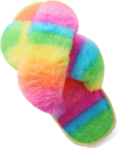 Vista 7 de LightFun Pantuflas peludas y peludas para niña, chancletas de piel con punta abierta, sandalias de banda cruzada para niñas, hogar, interior y Beige