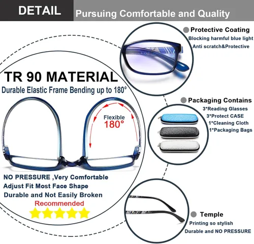 Vista 4 de EYEURL Lentes de lectura para mujeres y hombres, bloqueo de luz azul, 0.00 anti fatiga ocular, TR90 lentes de marco rectangular ultraligero