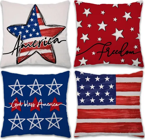 Vista 13 de GEEORY Juego de 4 fundas de almohada de 18 x 18 pulgadas para el 4 de julio, Dios bendiga Estados Unidos, estrellas valientes, a rayas, decorativas
