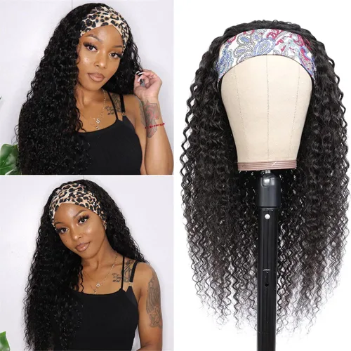 Vista 2 de WENYAN Peluca de cabello humano ondulado profundo con diadema de 20 Negro (Natural Black)