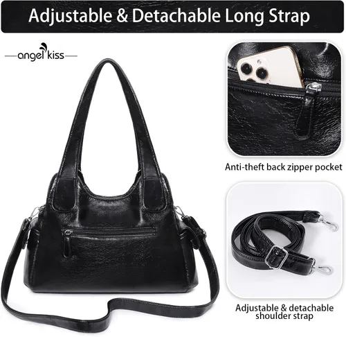Vista 4 de Angelkiss - Bolsos y bolsos de mano para mujer de cuero vegano lavado bolso cruzado estilo hobo