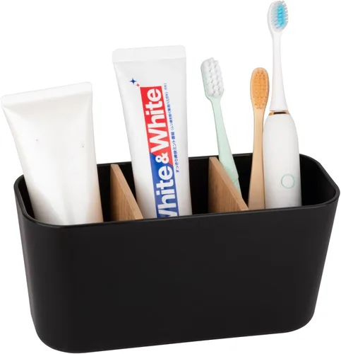 Vista 12 de Portacepillos de dientes para baños, soporte para cepillos de dientes de bambú con 5 ranuras, organizador de tocador de baño para encimera
