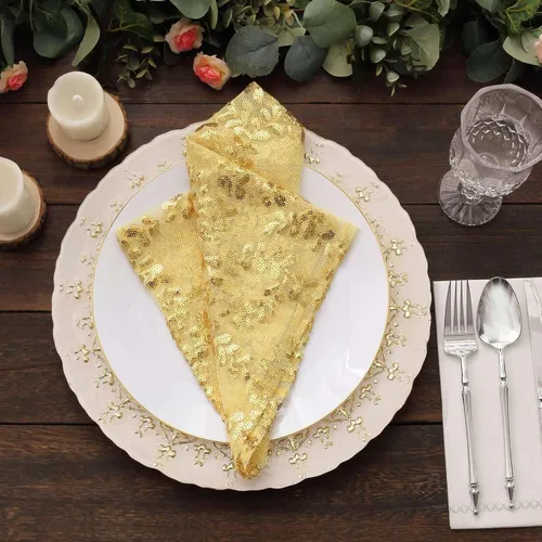 Vista 8 de Efavormart Servilletas de tela de cena con hojas de oro brillante y enredaderas bordadas con lentejuelas, servilletas decorativas transparentes