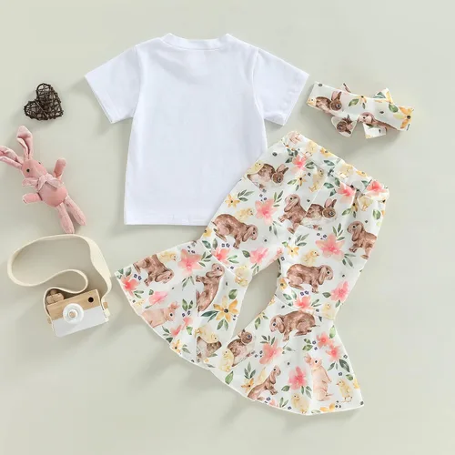 Vista 4 de MOREELUCK Conjunto de pantalones de Pascua para bebé niña, camiseta gráfica de conejo, pantalones acampanados con diadema, trajes de vacaciones