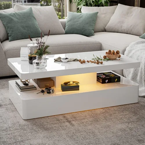 Vista 8 de IKIFLY - Mesa de café LED de alto brillo, mesa de café moderna para sala de estar, mesa de diseño rectangular de 2 niveles con luces LED de 16 Negro