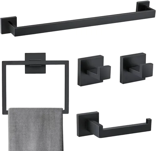 Vista 9 de Juego de Barras Portotoallas Negro Mate de 5 Piezas, Juego de Accesorios de Ferretería para Baño, Juego de Portotoallas Moderno de 23.6 Pulgadas