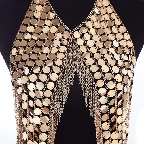 Vista 6 de DOTASI - Blusa halter de cadena con espalda descubierta para mujer con cadena de lentejuelas