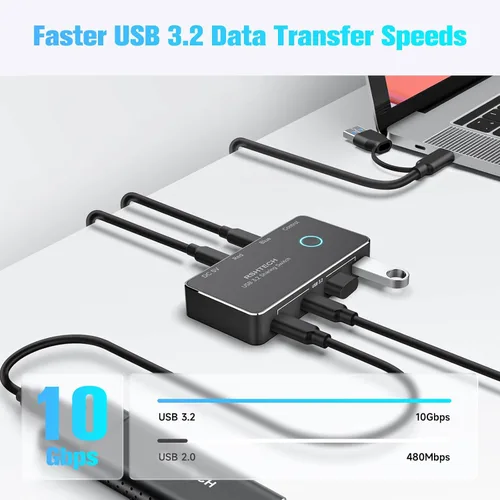 Vista 3 de RSHTECH USB 3.2/USB C Switch 10Gbps 2 ordenadores comparten 4 dispositivos, RSH-A201C Negro