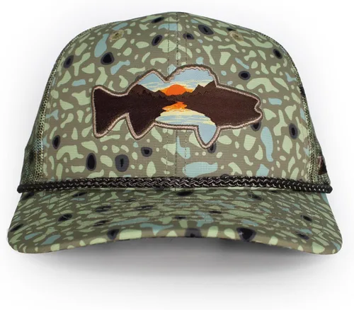 Vista 24 de Paramount Outdoors Sombrero de pesca de trucha al atardecer, diseño de silueta de pez de montaña, sombrero para exteriores con cómodo Snapback