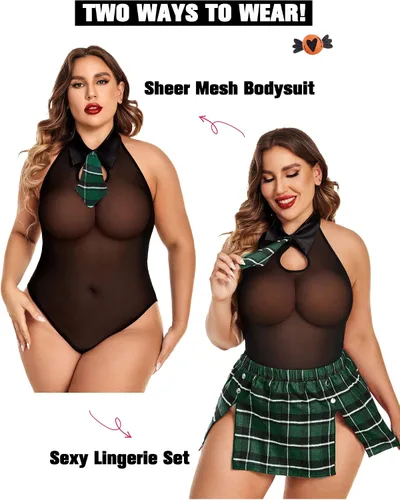 Vista 3 de Avidlove Lencería de colegiala de talla grande para mujer disfraces sexys de cosplay conjunto de lencería para juegos de rol traje L-4XL