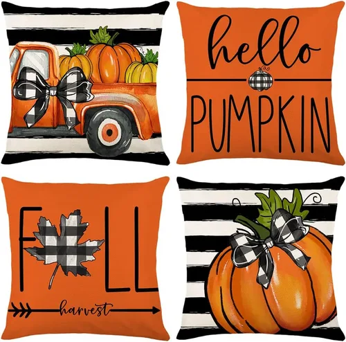 Vista 9 de Fundas de almohada de otoño con diseño de calabaza y hojas de arce naranja para el hogar, 18 x 18 pulgadas, decoración de agradecimientos bendecidos