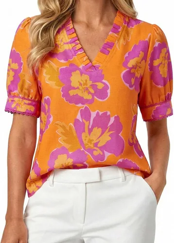 Vista 10 de GRACE KARIN Blusas florales bohemias para mujer, camisas casuales de verano de manga corta abombada, blusa de trabajo de vacaciones con cuello en V