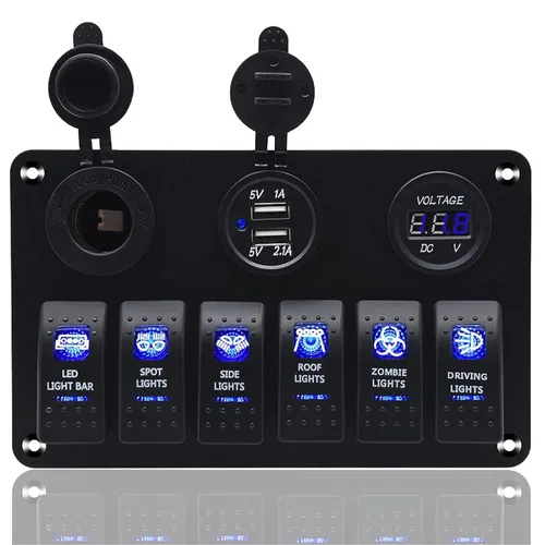 Vista 11 de KAOLALI Panel de interruptor basculante de 8 bandas, 12 V, 24 V, impermeable, con doble USB, encendedor de cigarrillos, voltímetro, LED azul