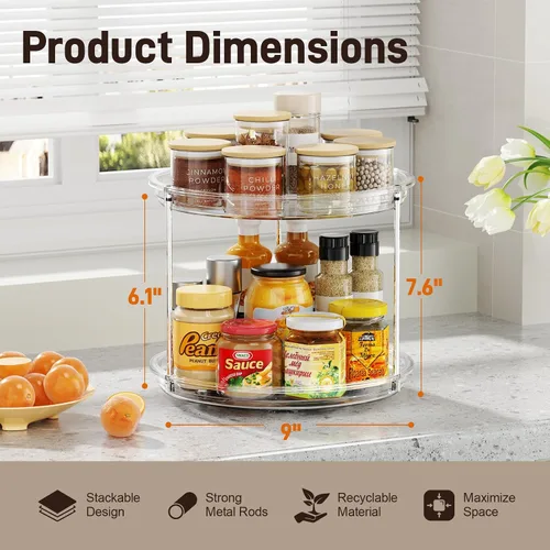Vista 3 de Organizador Lazy Susan de 2 niveles, tocadiscos Lazy Susan de 9 pulgadas para gabinete, organizador apilable giratorio para especias para encimera