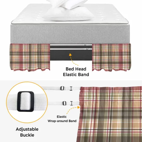 Vista 4 de Falda de cama vintage a cuadros, tamaño Queen de 16 pulgadas de caída, ajustable y elástica, plisada, con volantes de polvo de lujo para cama