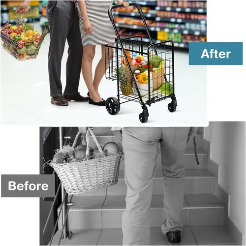 Vista 8 de IRONMAX - Carrito de compras plegable, resistente, con mango ajustable, cesta extra y ruedas giratorias de 360°, carrito ligero para compras, Negro