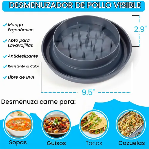 Vista 3 de Herramienta desmenuzadora de pollo para carne, desmenuzadora grande de pechuga de pollo con tapa, base antideslizante y mango ergonómico, resistente