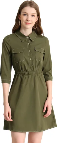 Vista 3 de Allegra K Vestido de manga 34 con cuello y cintura elástica para mujer, M