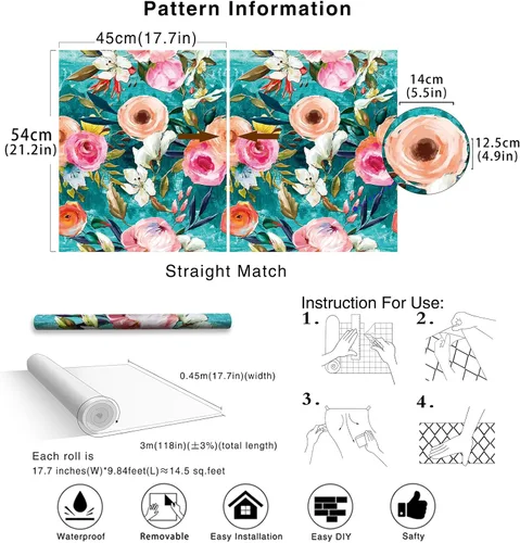 Vista 6 de HAOKHOME Papel tapiz floral para despegar y pegar, verde azulado/rosa, extraíble, texturizado, para decoración de dormitorio, guardería, 17.7