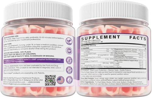 Vista 8 de Gomitas de mio-inositol y D-chiro inositol para dormir + Ashwagandha, glicinato de magnesio, L-teanina y GABA, suplemento de inositol para mujeres