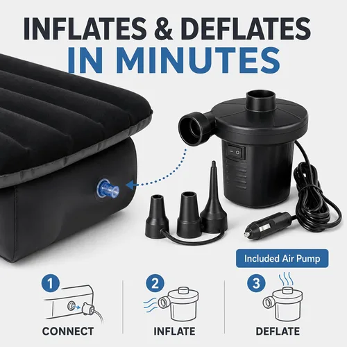 Vista 3 de Colchón de aire para coche, asiento trasero, cama de camping, cama inflable SUV con bomba y almohadas Negro