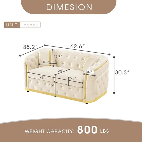 Vista 2 de Sofá Chesterfield de 62.6 pulgadas, moderno de mediados de siglo, sofá de terciopelo blanco beige y dorado, sofás de lujo para sala de estar