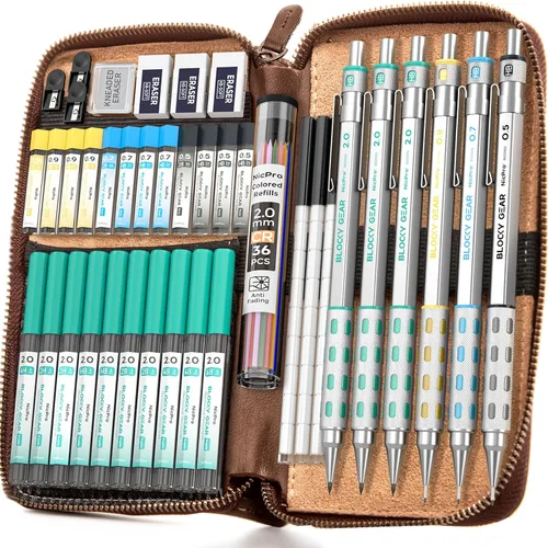 Vista 10 de Nicpro - Juego de 36 lápices mecánicos Blocky Gear con estuche, lápices metálicos de 0.01 pulgadas, 0.02 pulgadas, 0.03 pulgadas, 0.035 pulgadas