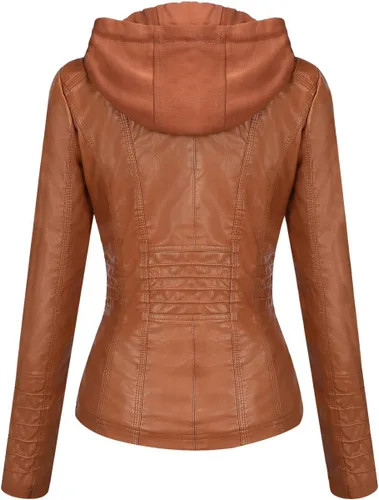 Vista 3 de Springrain Women's Faux Leather Jacket Moto Biker Coat with Detachable Hood Motorcycle Jacket