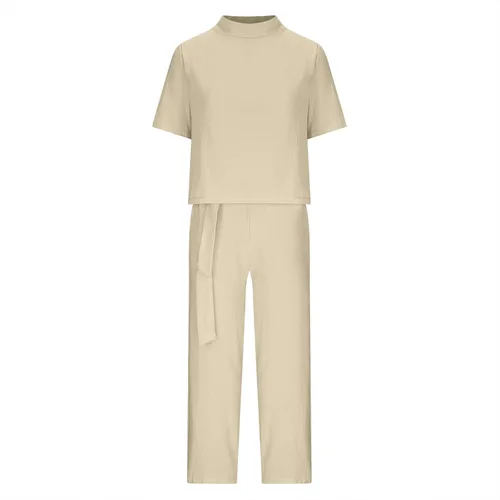 Vista 3 de Conjunto deportivo de 2 piezas para mujer, sudadera de lino de media manga de cuello alto con lazo en la cintura, pantalones holgados
