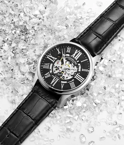 Vista 5 de Stuhrling Original Reloj de vestir mecánico de esqueleto atrium para hombre con correa de cuero de primera calidad