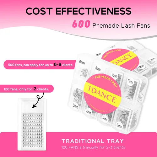 Vista 3 de TDANCE 600 abanicos, extensiones de pestañas prefabricadas de longitud mixta, naturales y de volumen, abanicos de pestañas prefabricadas 5D-24D